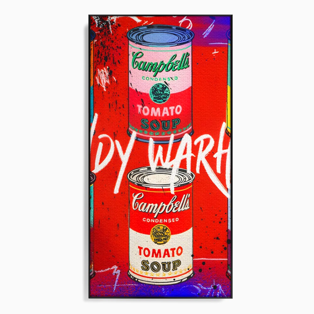 Tablou canvas cu tablou canvas cu cutii de supa, in rama de aluminiu negru